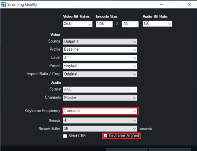 vMIX 스트리밍 품질 설정 창