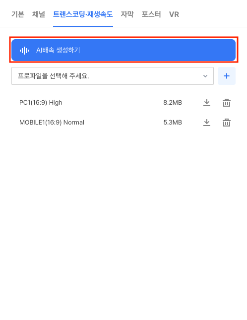트랜스코딩·재생속도 탭